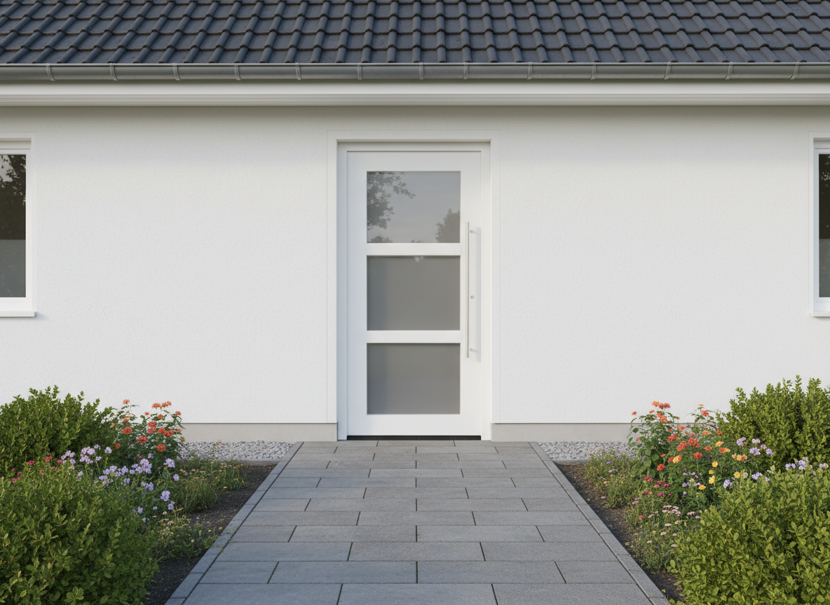 Haustür weiß, Kunststoff mit drei mattierten Glasfüllungen und langem Griff, moderner Eingangsbereich