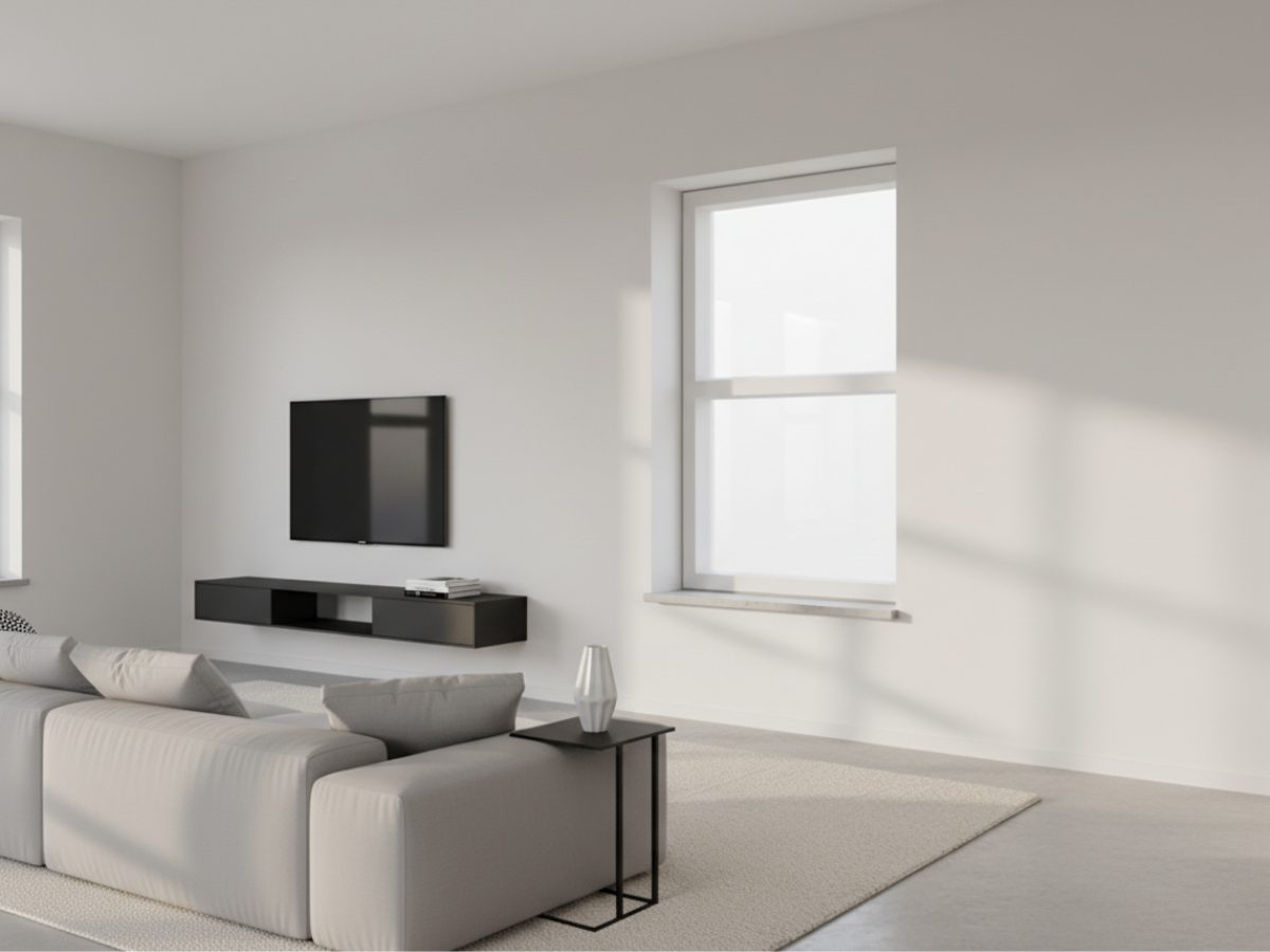 Kunststofffenster weiß, Rahmen aus Kunststoff, großes zweiteiliges Fenster mit Fensterbank im hellen, modernen Wohnzimmer