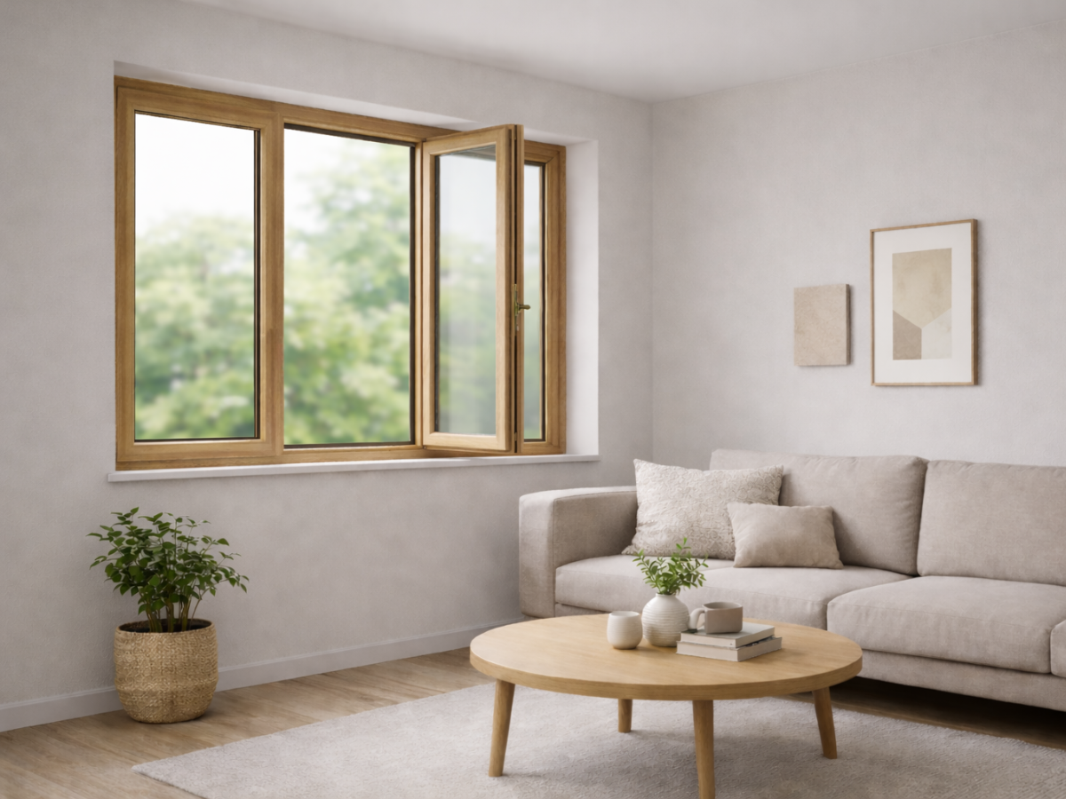 Holzfenster hellbraun aus Holz, dreiteiliges Wohnzimmerfenster mit geöffnetem rechtem Flügel und Glasfläche