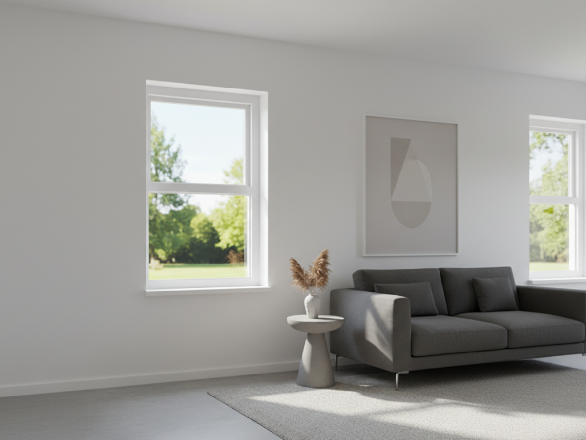 Kunststofffenster weiß, Kunststoff, moderne zweigeteilte Fenster im hellen Wohnzimmer mit grauem Sofa und Blick in den Garten