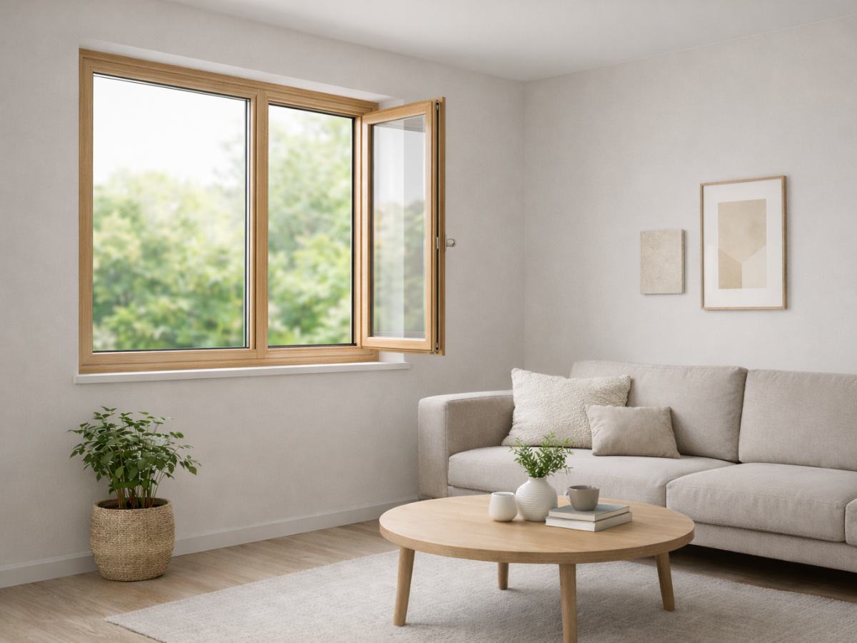 Holzfenster in hellem Holzton, dreiteilig mit geöffnetem Flügel, schlanker Holzrahmen im modernen Wohnzimmer