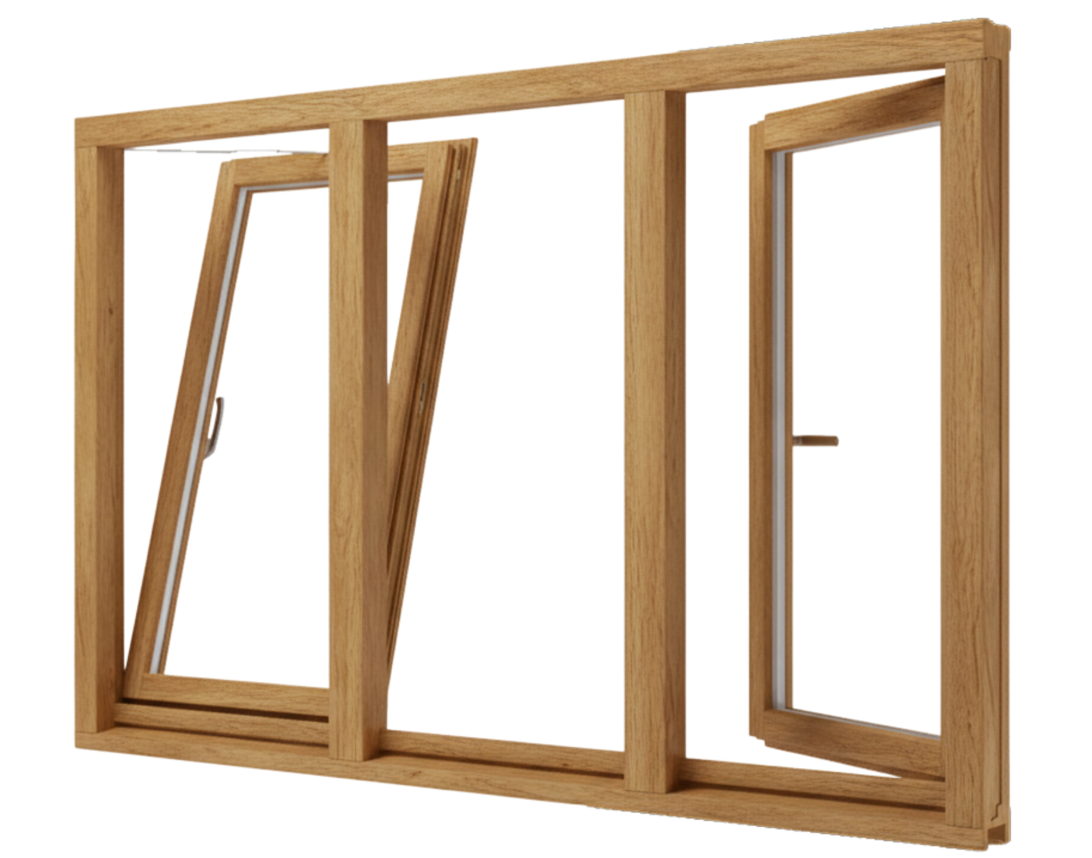 Holzfenster eichefarben aus Holz, dreiteiliges Rahmenprofil, links gekippt, rechts geöffnet mit Griff