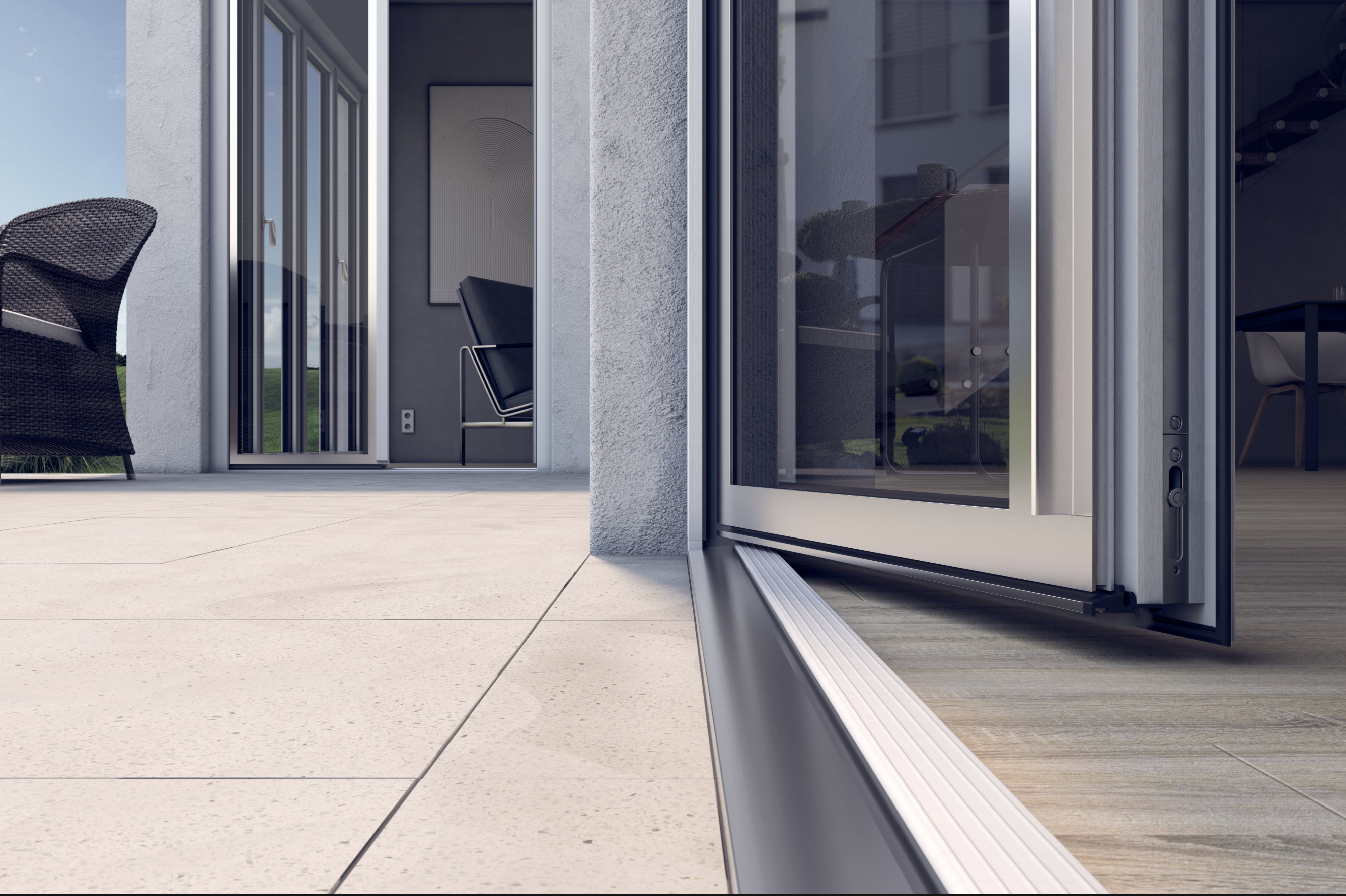 Terrassentür mit flacher Schwelle und bodengleichem Übergang