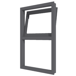 Aluminiumfenster anthrazit, Aluminiumrahmen mit Kippflügel, offener oberer Flügel und sichtbarer Mittelschiene
